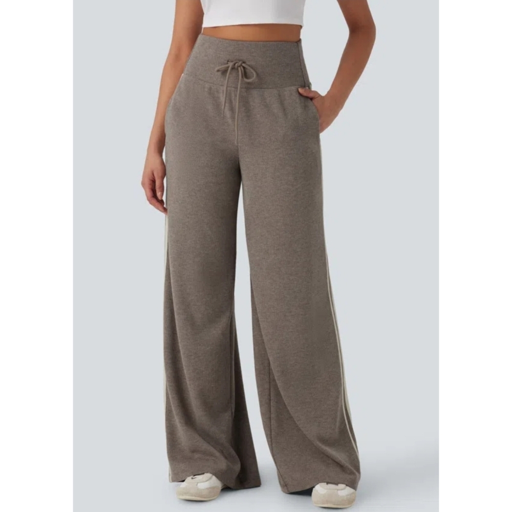 Halara Ribbed High Waisted Tummy Control Wide Leg Pants Size XLarge In Taupe NEW - Picture 1 of 12